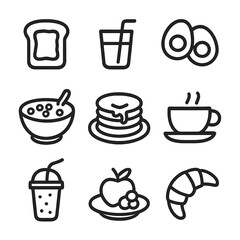 Obraz premium Morning Breakfast Icons. Outline icon set of morning food and drink: toast, orange juice, eggs, cereal bowl, pancake stack, tea