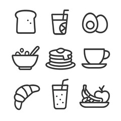 Fototapeta premium Morning Breakfast Icons. Outline icon set of morning food and drink: toast, orange juice, eggs, cereal bowl, pancake stack, tea