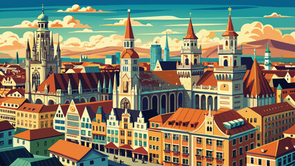 Obraz premium Detailed rooftops, classic facades, and the majestic town hall shape Munich's historic skyline. Marienplatz breathes life into the view, where tradition and elegance blend in semi-realistic vector cha
