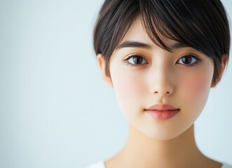 Fototapeta premium A glamorous studio portrait where the lighting enhances the Japanese woman beauty, with soft shadows and striking contrasts. This concept captures elegance and confidence.