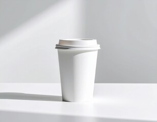 Minimalist plain white disposable coffee cup with lid on smooth white surface with soft natural lighting and subtle background for beverage or takeaway concept