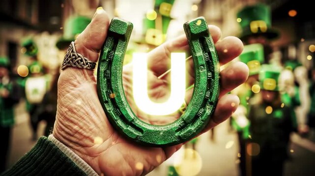 Hand holding green horseshoe at festive parade celebrating luck