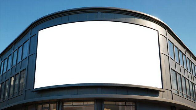 Curved modern building facade with a large blank billboard under a clear blue sky
