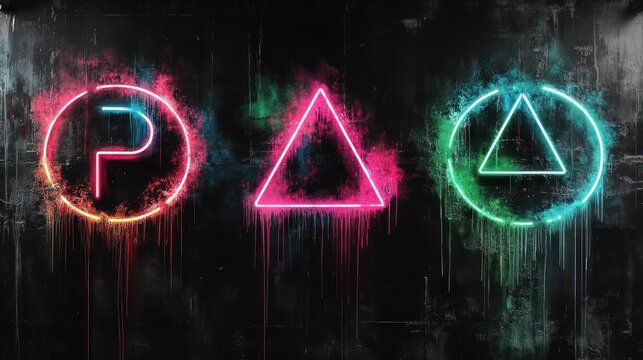 Neon controller buttons on dark wall - Powered by Adobe