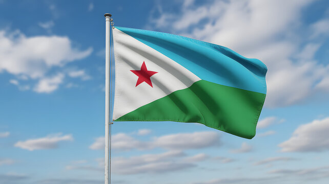Majestic Djibouti flag waving proudly against a vibrant blue sky with fluffy clouds, symbolizing national pride and freedom - Powered by Adobe
