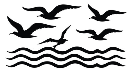 Obraz premium Birds Flying Over Ocean Waves Silhouette