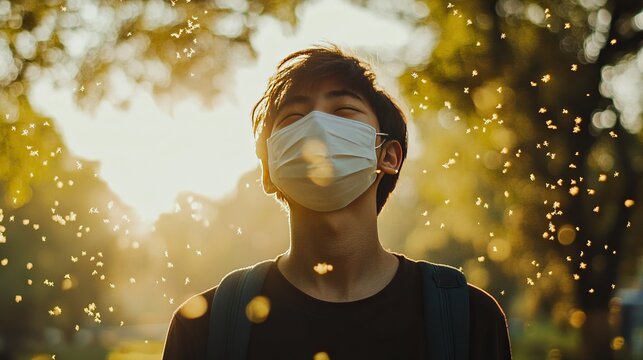 A young man wearing a mask stands outdoors, surrounded by sunlight and floating particles, evoking a sense of tranquility and awareness.