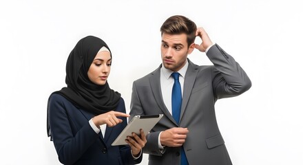 A Muslim businesswoman in a hijab explains information on a tablet to her confused male colleague who is scratching his head.