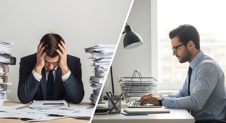 A stressed businessman overwhelmed by paperwork contrasted with a calm professional using a laptop.