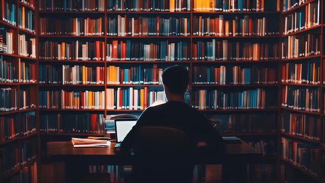 A person working intently at a desk surrounded by shelves filled with books in a dimly lit library setting