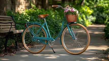 Fototapeta premium A vintage bicycle with a woven basket of flowers stands on a serene pathway, surrounded by lush greenery and a bench for relaxation.