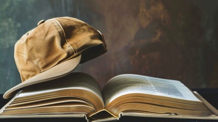 Graduation Cap and Book Compositions for Academic Achievement Graphics, Diploma Program Promotions, and Educational Success Concepts