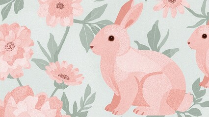 Obraz premium Pastel rabbit pattern with pink flowers and green leaves on light background for spring or easter decor