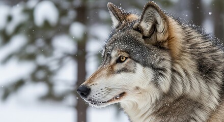 Obraz premium Close up profile of a wolf in a snowy forest