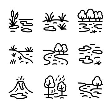 Mudland Icon Set. Outline icon set of mud in nature landscapes: swamp, marsh, wetland, mud bank, river edge, mudflat, mud volcano,