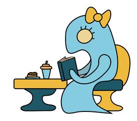 Fototapeta premium A cute blue female girly monster sitting in a café on a blue with yellow chair, next to a table with a chocolate donut and a milkshake, reading a book. Vector drawing. 