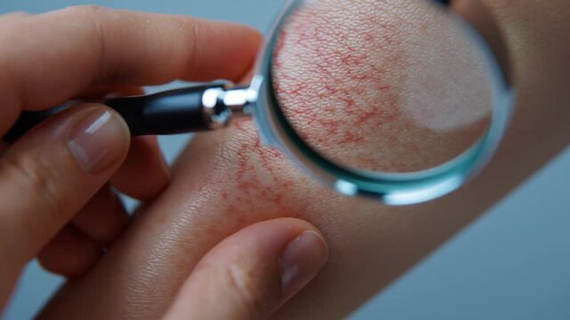 Test for Atopic dermatitis. Close-up of skin showing irritation and redness under a magnifying glass.