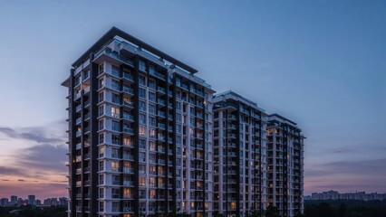 Modern highrise apartment buildings at dusk with illuminated windows in urban skyline cityscape
