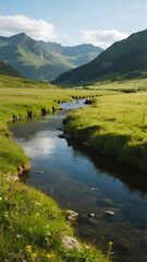 Calm Stream Flowing Through a Lush Green Valley with Distant Mountains