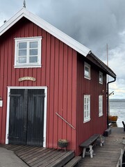 red beach hut
