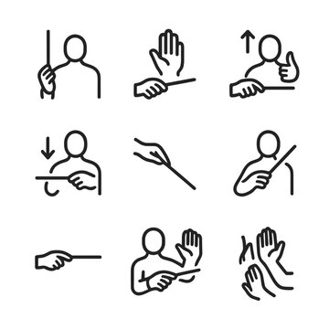 Musical Conducting Icons. Outline icon set of musical conducting gestures: start gesture, stop gesture, tempo increase gesture,
