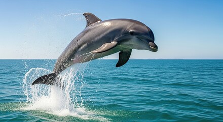 A playful dolphin leaps from the ocean water creating a splash