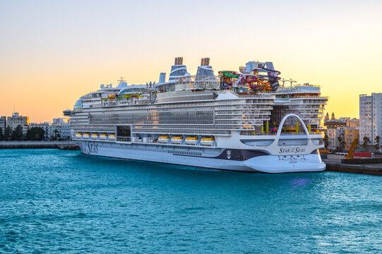Cadiz, Spain - July 25, 2025: RCCL Cruise Ship 'Star of the Seas' in Port of Cadiz at Sunset. Largest and Newest Icon Class Cruise Ship of Royal Caribbean Cruise Line