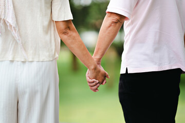 Happy Asian senior couple spending time together in park
