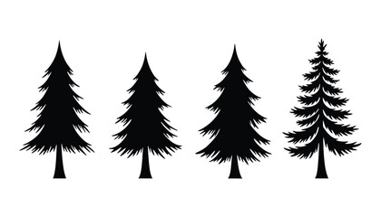 Obraz premium Collection of black pine tree silhouettes on white background. Vector icon set.