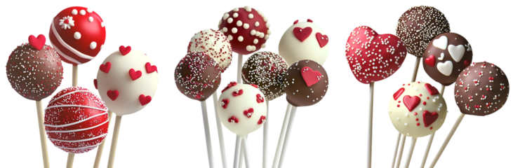 Set of assorted chocolate and candy cake pops with sprinkles on sticks isolated on white