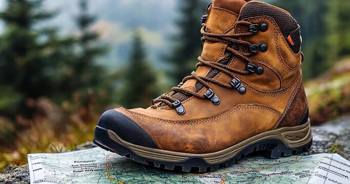 Leather hiking boot on a map, outdoors.