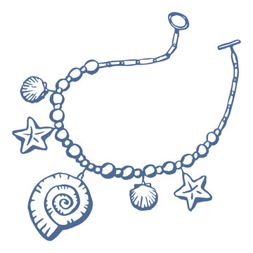 Hand drawn shell necklace or bracelet. Seashell jewelry. Summer boho accessories. Coastal elements. Vacation drawings. Whimsical vector illustration isolated on white background.