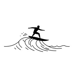 Fototapeta premium A simple black silhouette of a person surfing on a stylized, minimalist wave with a splash.