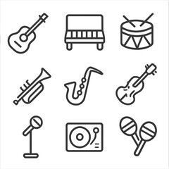 Fototapeta premium Musical Icon Set. Outline icon set of musical instruments: guitar, piano, drum, trumpet, saxophone, violin, microphone stand, DJ