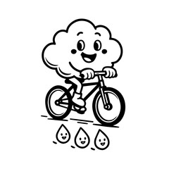 Happy cloud riding a bicycle with tiny raindrop friends