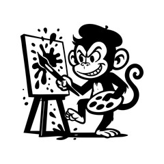 Mischievous monkey artist painting on a canvas with splashes