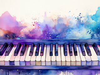 Blue and Purple Watercolor Splash Featuring Piano Keys Drawing and Clean Negative Space