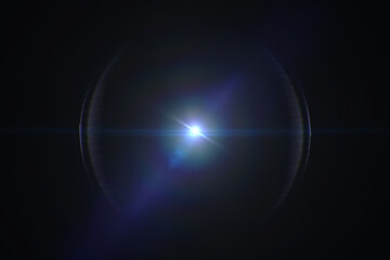 Lens flare on black. Halo, optical phenomenon.  Anamorphic streak. Anamorphic filter effect. Rays light effects, overlays or lens flare for design. Screen blending mode.