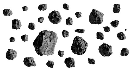 Asteroids or stones or meteorites isolated on white. Asteroid belt or swarm of asteroids or space debris. Stones, Rocks, Boulders floating in the air isolated on white background. 