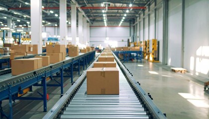 Cardboard boxes on conveyor rollers ready to be shipped by courier for distribution.