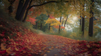 Autumn Forest Path Covered with Colorful Fallen Leaves