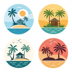 Four circular beach scenes with palm trees, huts, and varying color palettes in a vector style
