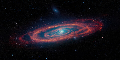 Spiral galaxy in deep space. Andromeda galaxy stars, dust, and areas of star formation. Universe filled with stars, nebula and galaxy. Panorama. 