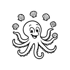 Playful octopus juggling seashells with all eight arms