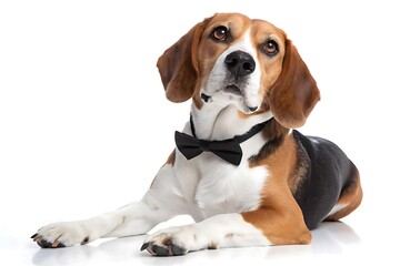 Dapper beagle dog wearing a black bow tie isolated on white background