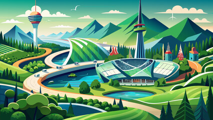 Fototapeta premium Olympic Park Munich showcases sweeping green landscapes, shimmering lakes, and bold architecture. Towering structures and curved roofs form a dynamic scene, blending nature and innovation with harmoni