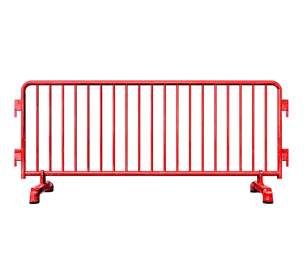 Red metal barrier, rectangular shape, with vertical bars and support feet
