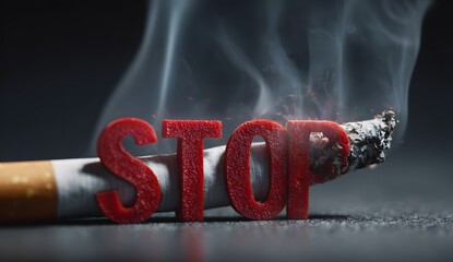 Smoking cessation burning cigarette with STOP sign on dark background