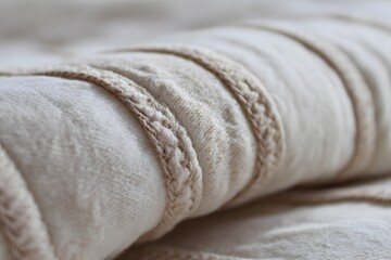 Cream cotton fabric detail, rolled, closeup, soft light, bedroom setting, textile design
