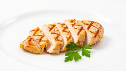 Deliciously grilled chicken breast sliced and garnished with fresh parsley on a clean white plate